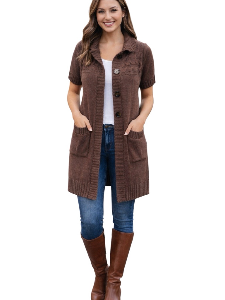 Gap Brown Short-Sleeve Long Cardigan Sweater Front Patch Pockets Size Small